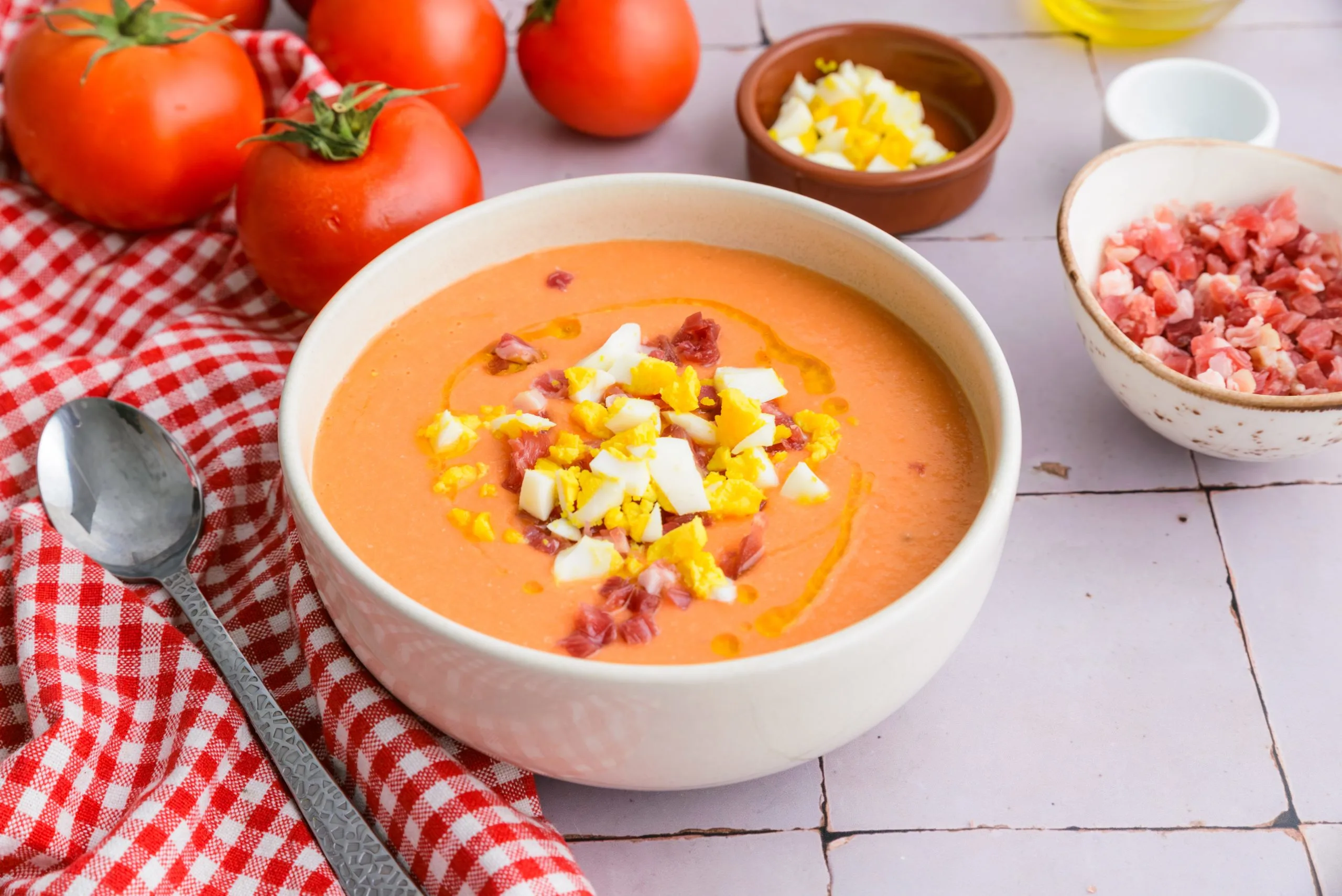 Salmorejo Andalusian Cold Tomato Soup served in a white bowl