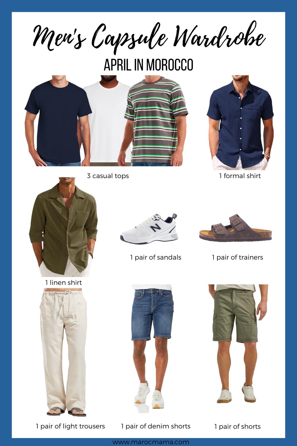 3 casual t-shirts 1 formal top1 pair of light trousers2 other bottoms (skirts/shorts) 1 linen shirt/sun cover to shade you from the sun 1 pair of trainers 1 pair of sandals with the text Men's Capsule Wardrobe, April in Morocco