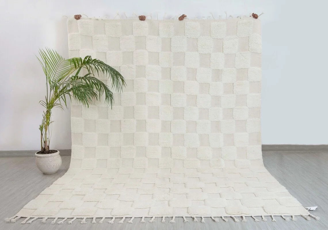 Ivory White Cheque Soft Wool Rug
