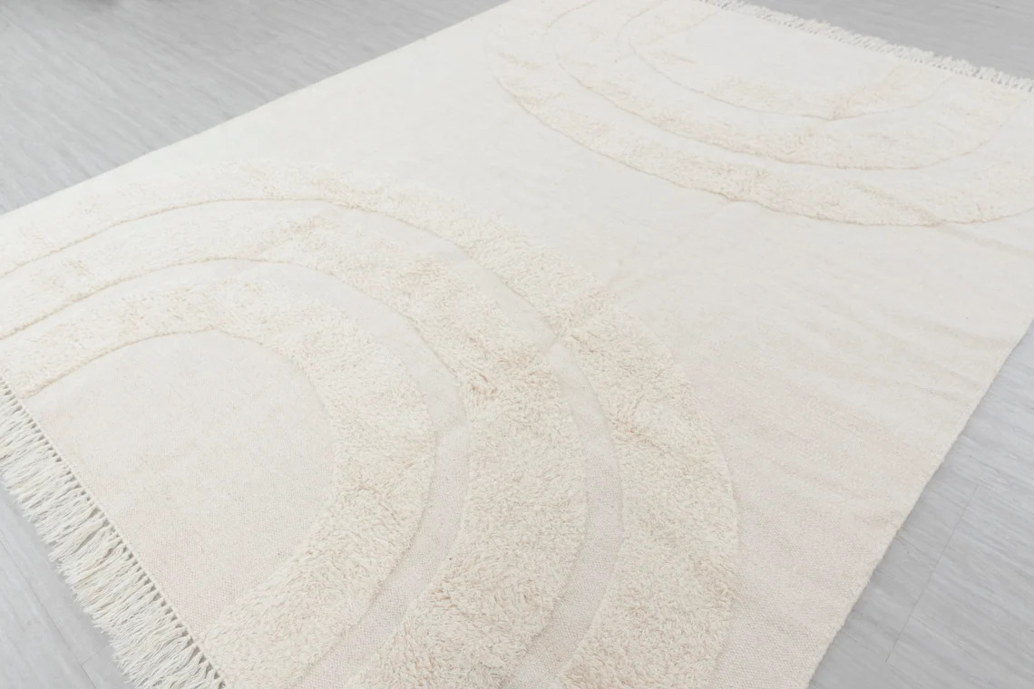 Ivory White Wool Natural Hand Made Moroccan Boho Rug