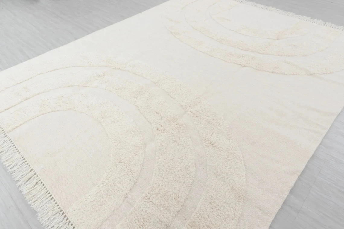 Ivory White Wool Natural Hand Made Moroccan Boho Rug