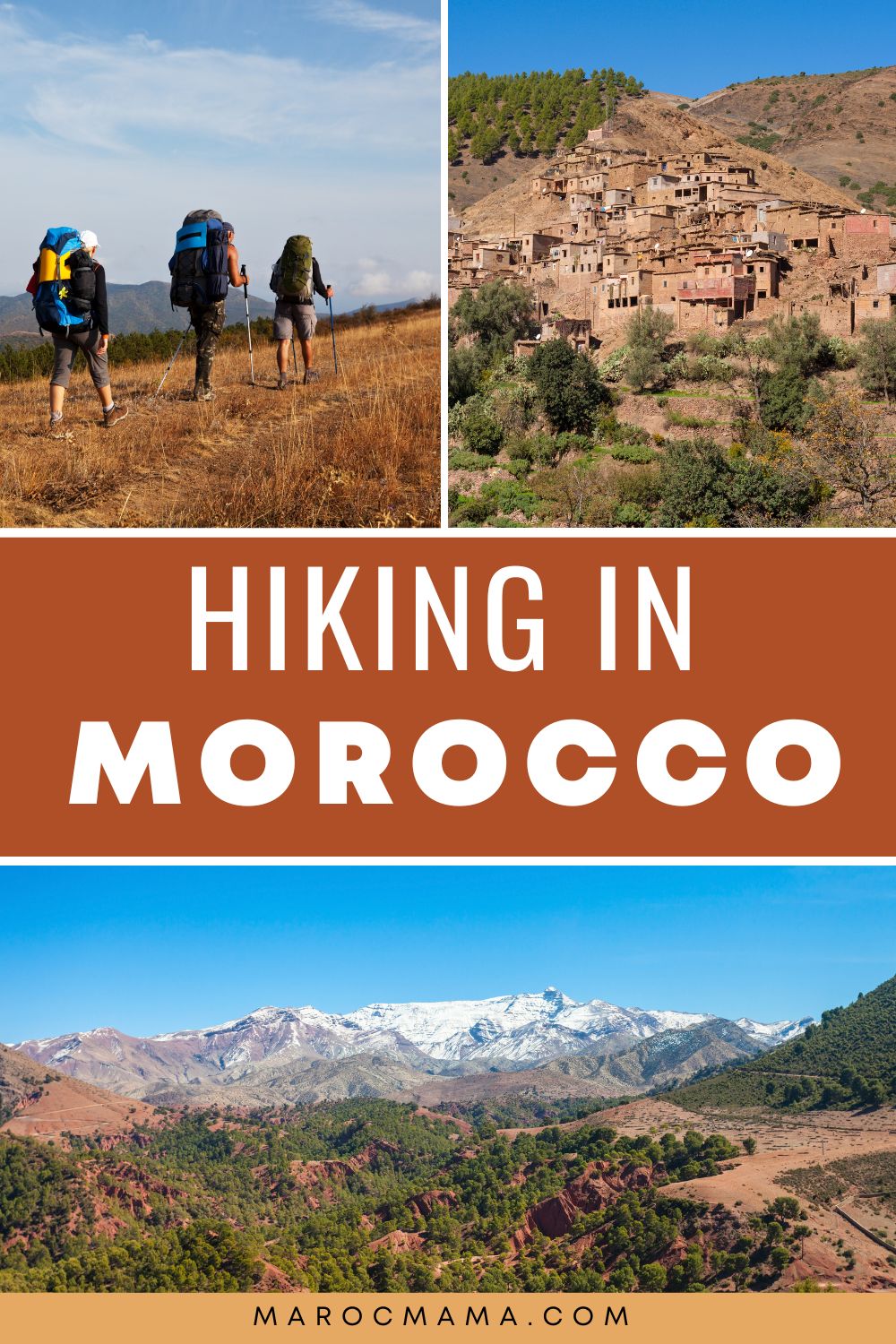 Hikers, a village in Atlas Mountains and the Grand Atlas Mountain range in Morocco with the text Hiking in Morocco