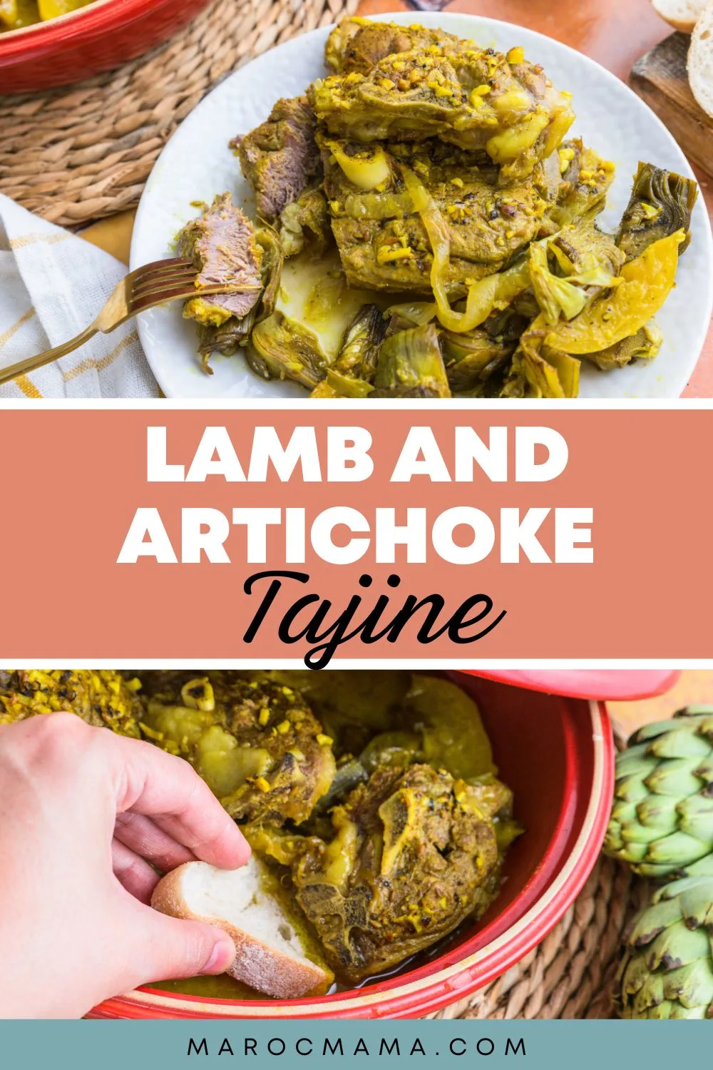 Top image, Lamb and Artichoke dish served on a white plate; bottom image, the same dish with bread with the text Lamb and Artichoke Tajine