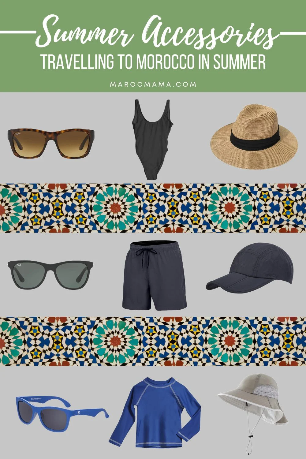 Sunglasses, sun hat and swimwear for women, men and children with the text Summer Accessories, Travelling to Morocco in Summer