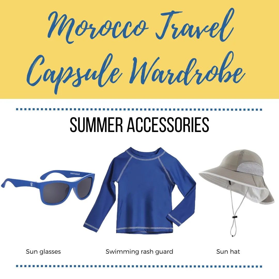 Sun hat, Swimming rash guard and Sunglasses with the text Morocco Travel Capsule Wardrobe, summer accessories for kids