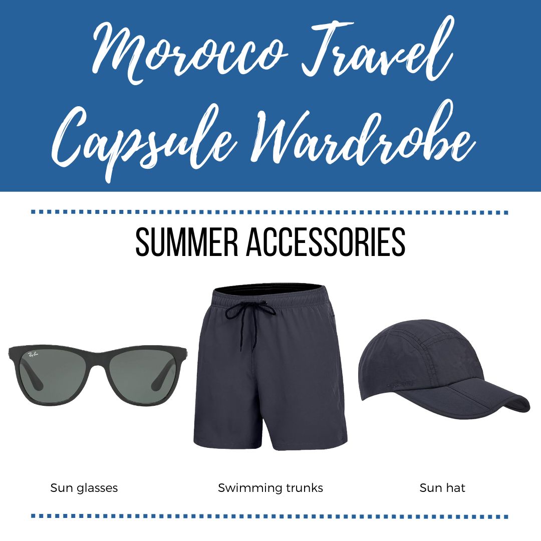 Sun hat, Swimming rash guard and Sunglasses with the text Morocco Travel Capsule Wardrobe, summer accessories for men