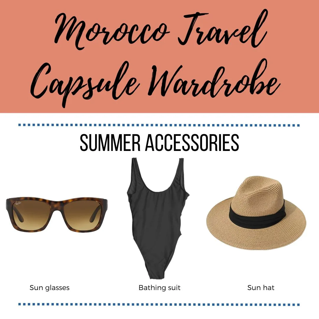 Sun hat, Swimming rash guard and Sunglasses with the text Morocco Travel Capsule Wardrobe, summer accessories for women