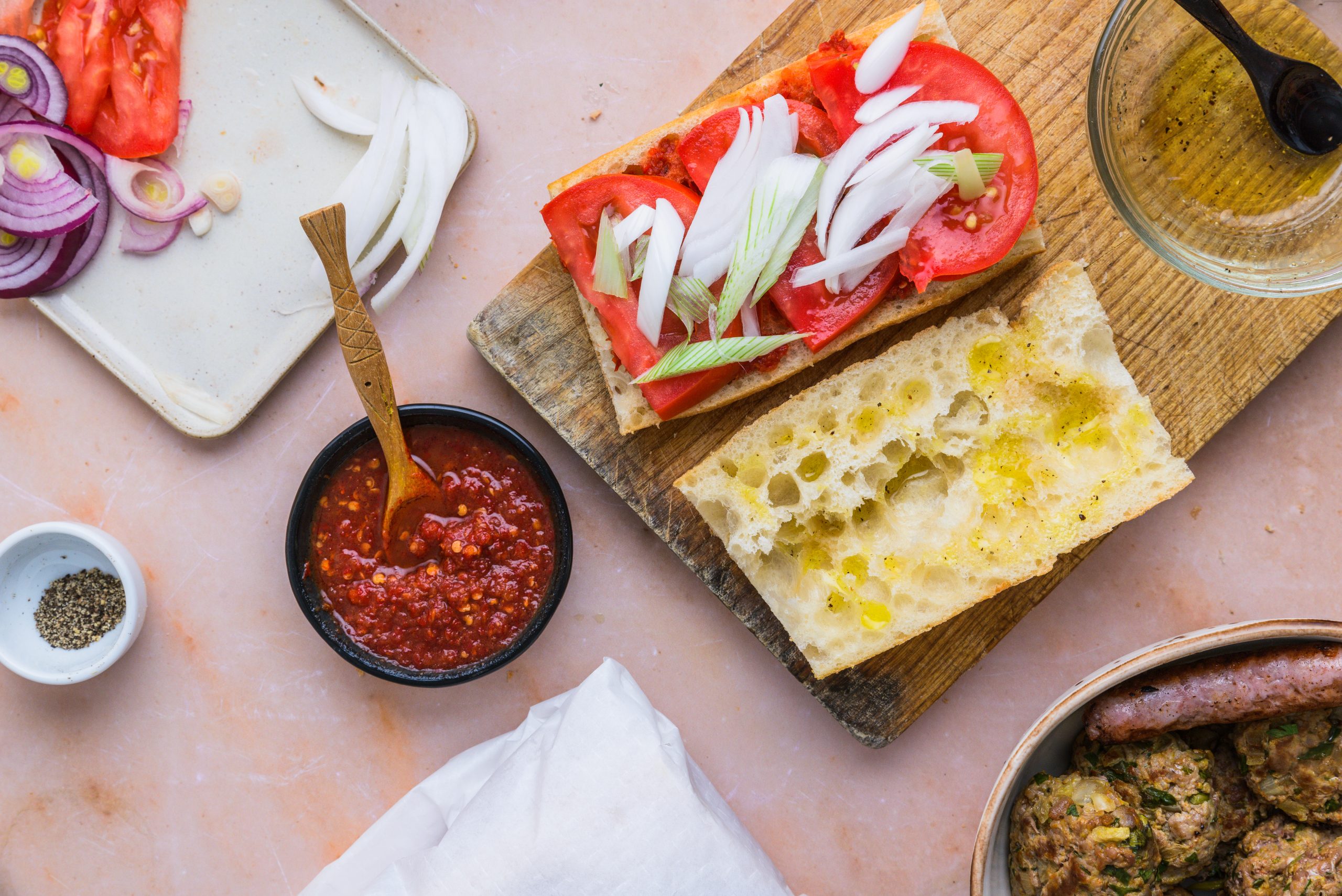 Vegetarian bocadillo with roasted bell peppers and onions