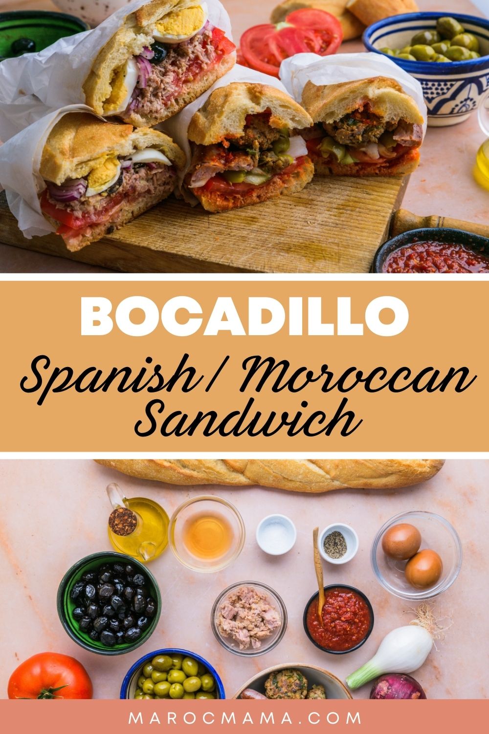 Top image is a close up shot of bocadillos and bottom image is the ingredients in making this dish