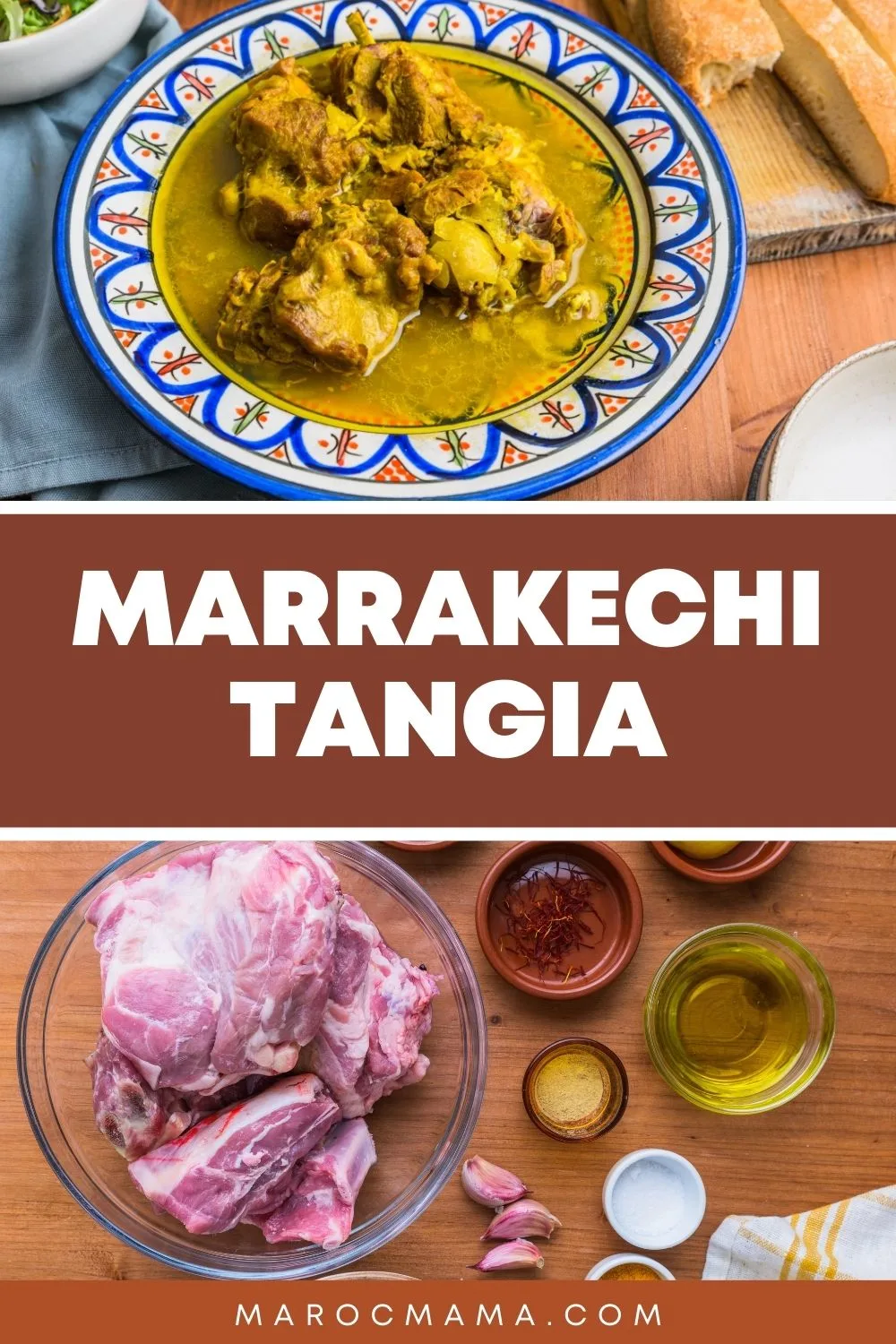 Top image Marrakechi Tangia served on a plate, bottom image is the ingredients in making this dish