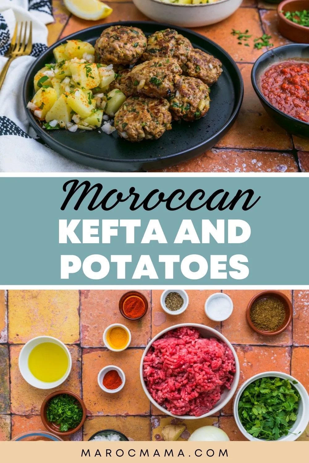 Top image is Moroccan kefta and potatoes served on a plate, bottom image is the ingredients for making this dish