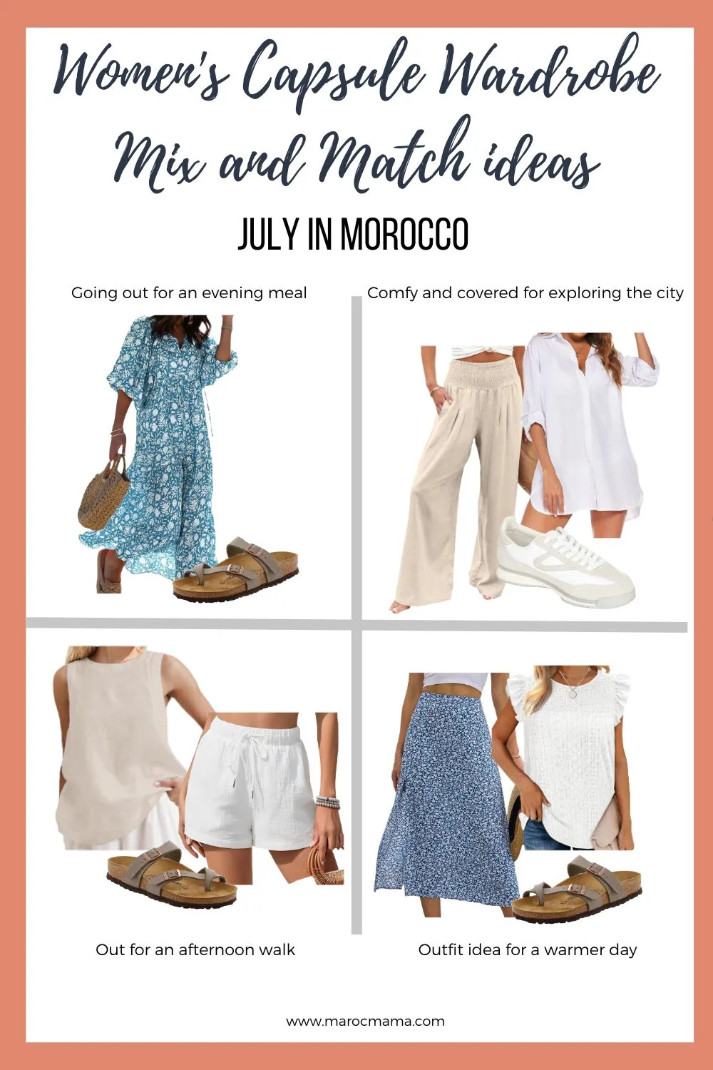 Women's travel capsule wardrobe when travelling to Morocco in July mix and match ideas