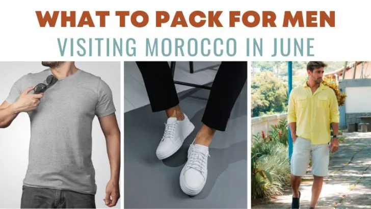 What to Pack for Men Visiting Morocco in June: Left to right: male model wearing gray t-shirt while holding sunglasses, men's white sneakers, and a man wearing yellow long sleeves and shorts