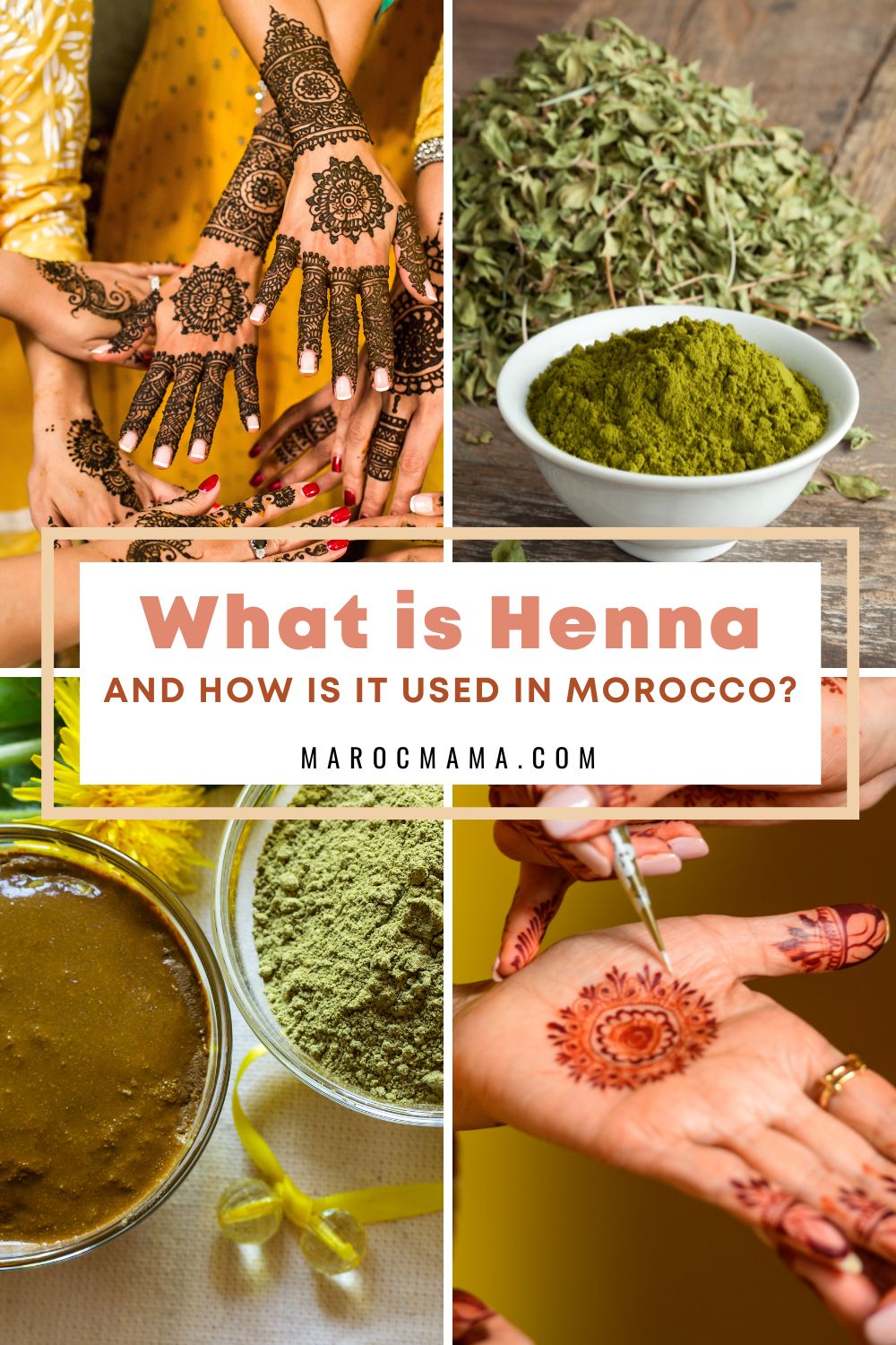 What is Henna and How is it Used in Morocco?:Top to bottom;Women's hands with intricate patterns of henna, Moroccan henna leaves and powder, henna powder and paste, and woman painting henna on hand