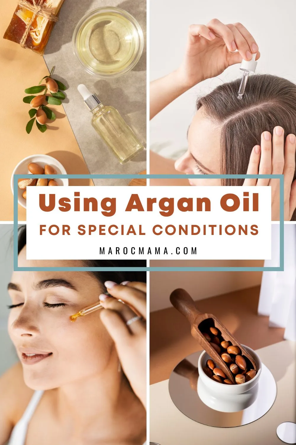 Using Argan Oil for Special Conditions: From top to bottom; Bottle and a bowl of argan oil, Young woman using argan oil for hair treatment, Girl applying argan oil with pipette on face, and argan oil crusher.