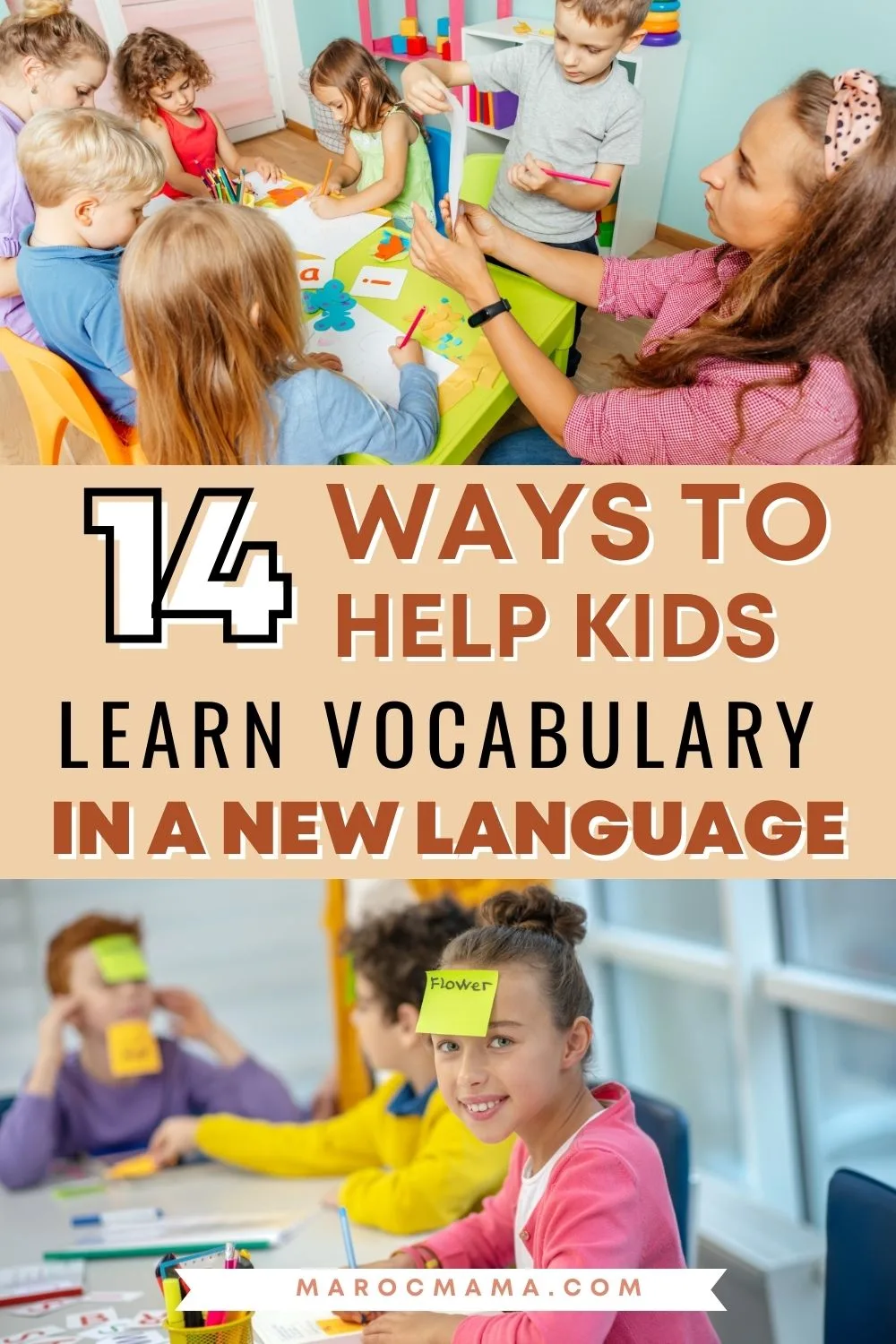 14 Ways to Help Kids Learn Vocabulary in a New Language: Top image is preschool children learning the English alphabet using cards, and bottom image is pupils playing learning vocabulary during the lesson⁠