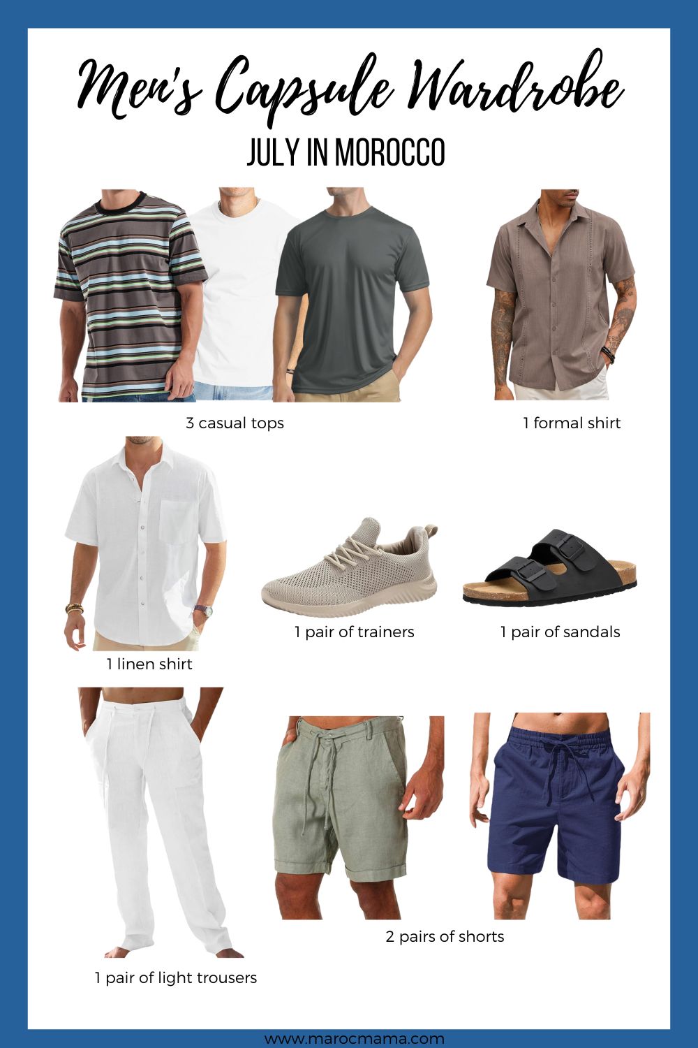 What to Pack for Men Visiting Morocco in July:Striped t-shirt, White t-shirt, Grey t-shirt, Beige shirt,  White linen shirt, Trainers, Sandals, White linen trousers, Linen grey shorts,  Linen navy shorts