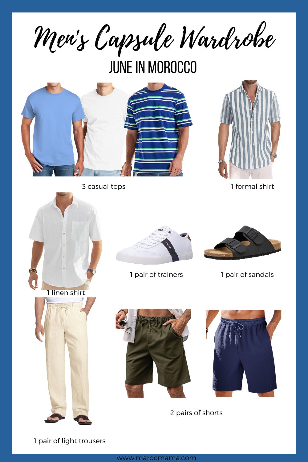 What to Pack for Men Visiting Morocco in June: Light blue t-shirt, White t-shirt, Stripey blue t-shirt, Striped shirt, White linen shirt, Sandals, White trainers, Linen trousers, Green shorts, and Navy shorts