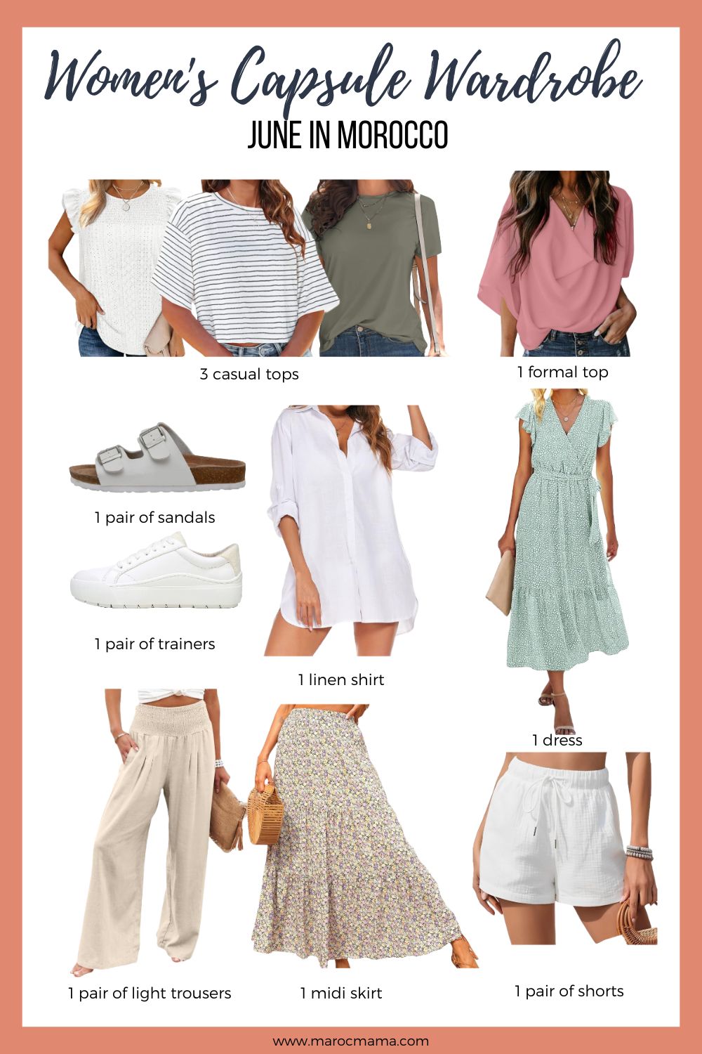 What to Pack for Women Visiting in Morocco in June: Beige linen trousers, Floral skirt, White linen shorts, Floral dress, White linen shirt, White trainers, Women’s white sandals, Pink formal top, Women's green top, Women’s striped t-shirt, and White shirt