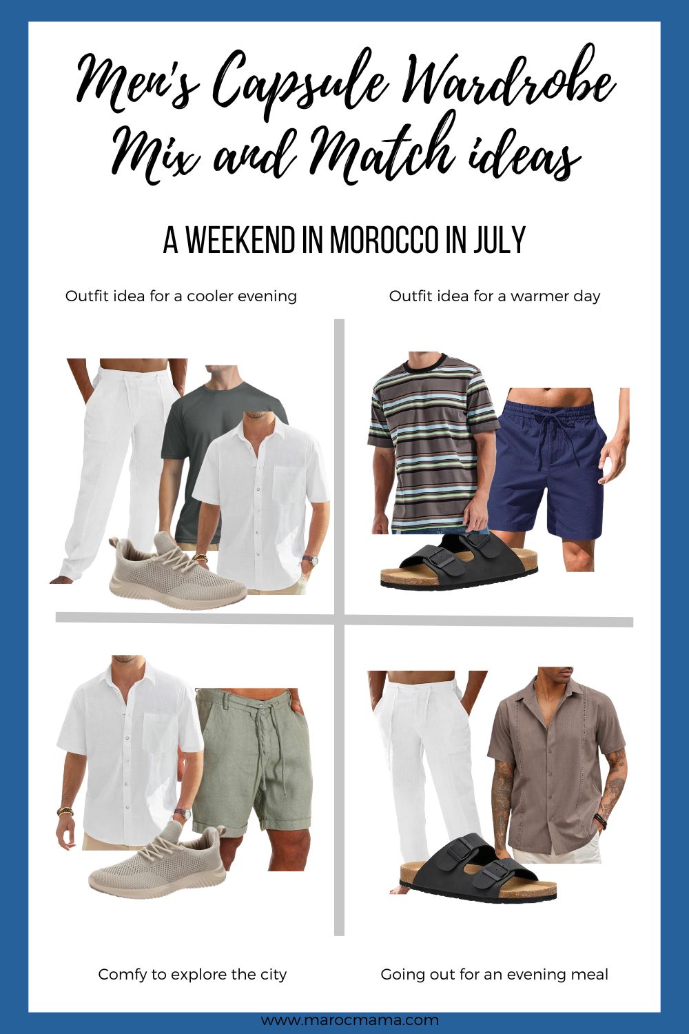 What to Pack for Men Visiting Morocco in July, Mix and Match Ideas: Striped t-shirt, White t-shirt, Grey t-shirt, Beige shirt, White linen shirt, Trainers, Sandals, White linen trousers, Linen grey shorts, Linen navy shorts