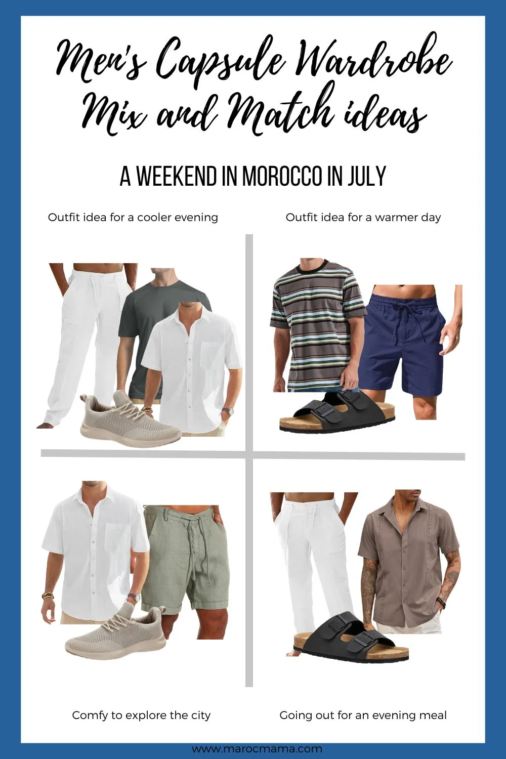 What to Pack for Men Visiting Morocco in July, Mix and Match Ideas: Striped t-shirt, White t-shirt, Grey t-shirt, Beige shirt, White linen shirt, Trainers, Sandals, White linen trousers, Linen grey shorts, Linen navy shorts