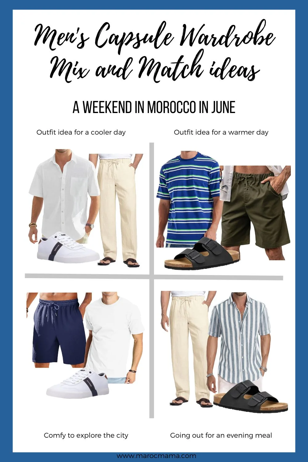 What to Pack for Men Visiting Morocco in June mix and match ideas: Light blue t-shirt, White t-shirt, Stripey blue t-shirt, Striped shirt, White linen shirt, Sandals, White trainers, Linen trousers, Green shorts, and Navy shorts