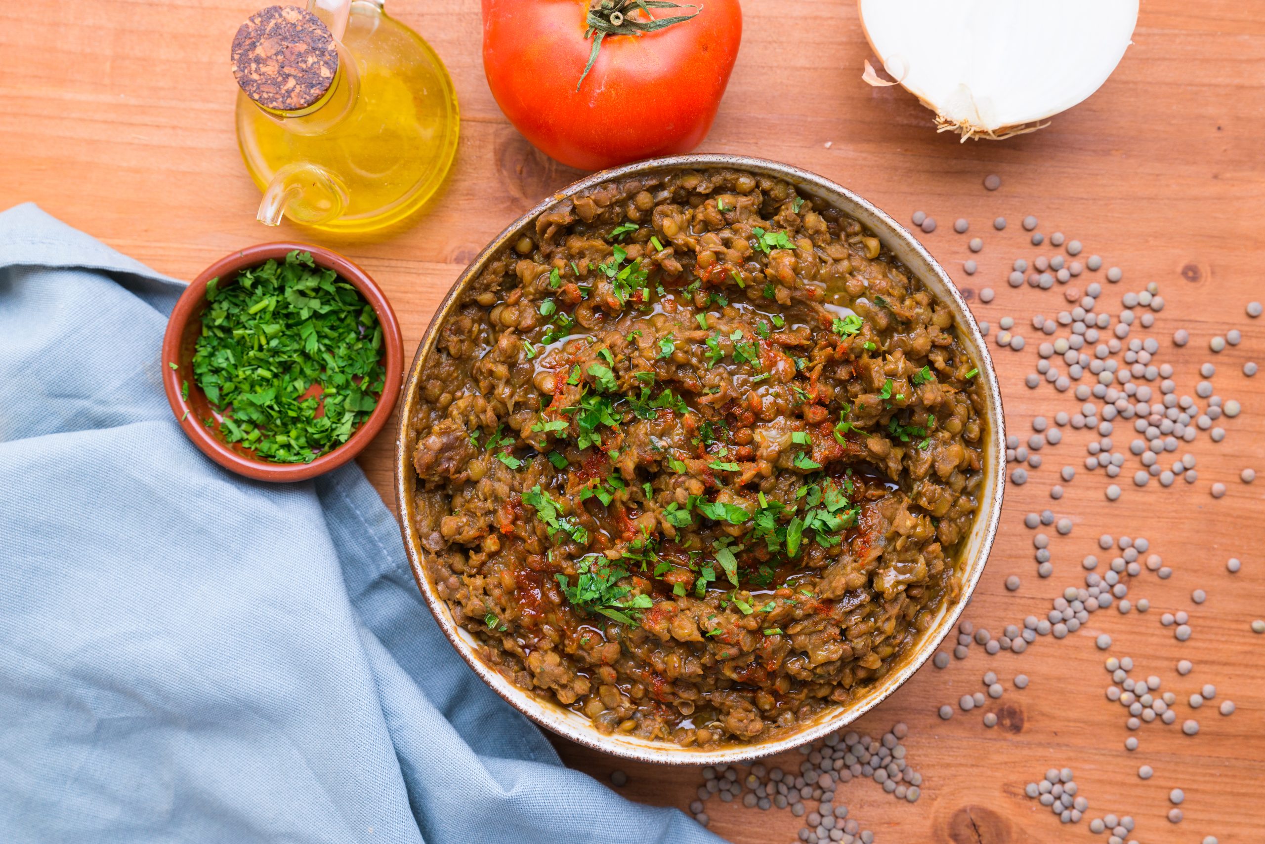 Moroccan lentils with caramelized onions serves in a bowl