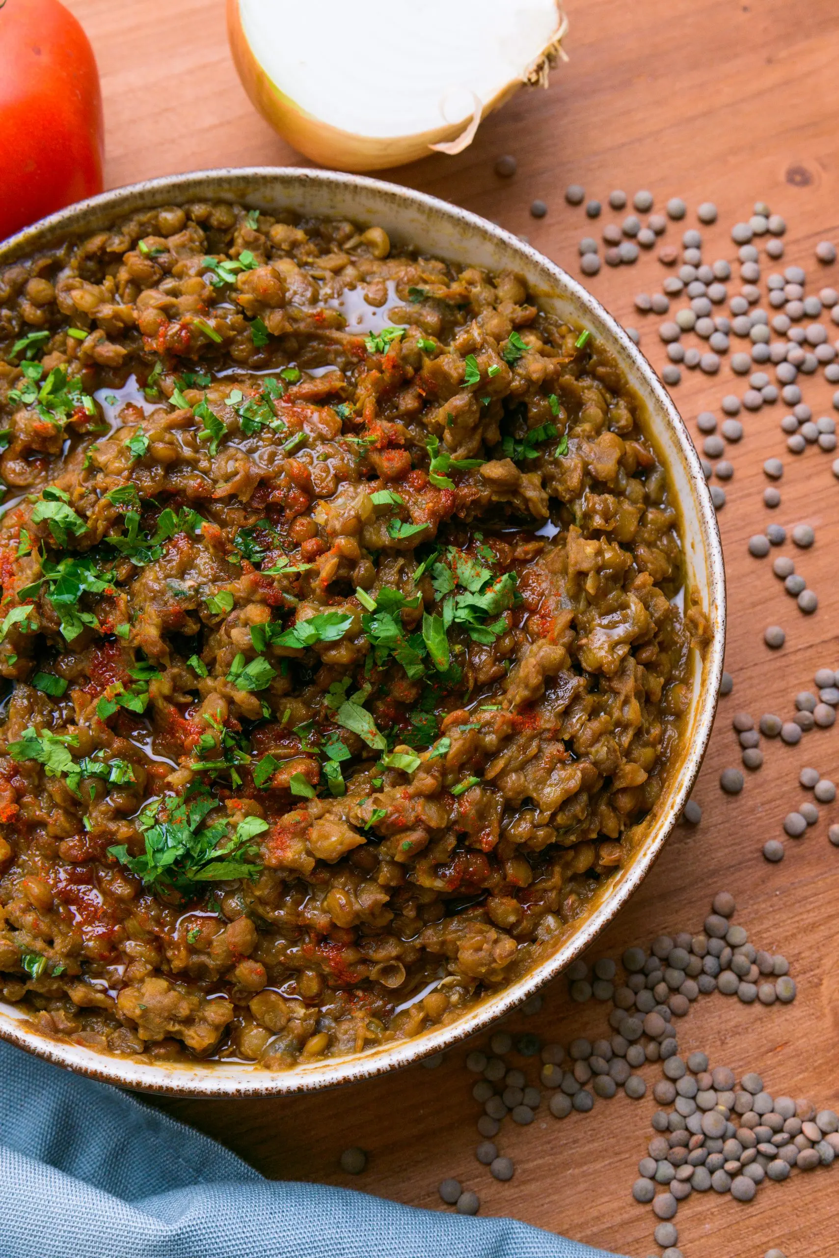 A close up shot of Moroccan lentils with caramelized onions