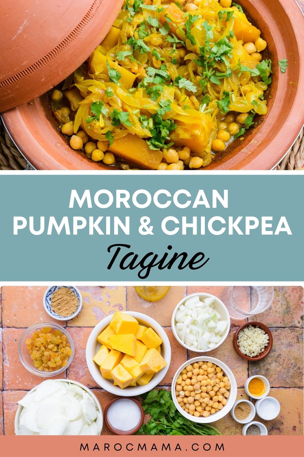 Moroccan pumpkin and chickpea tagine and its ingredients