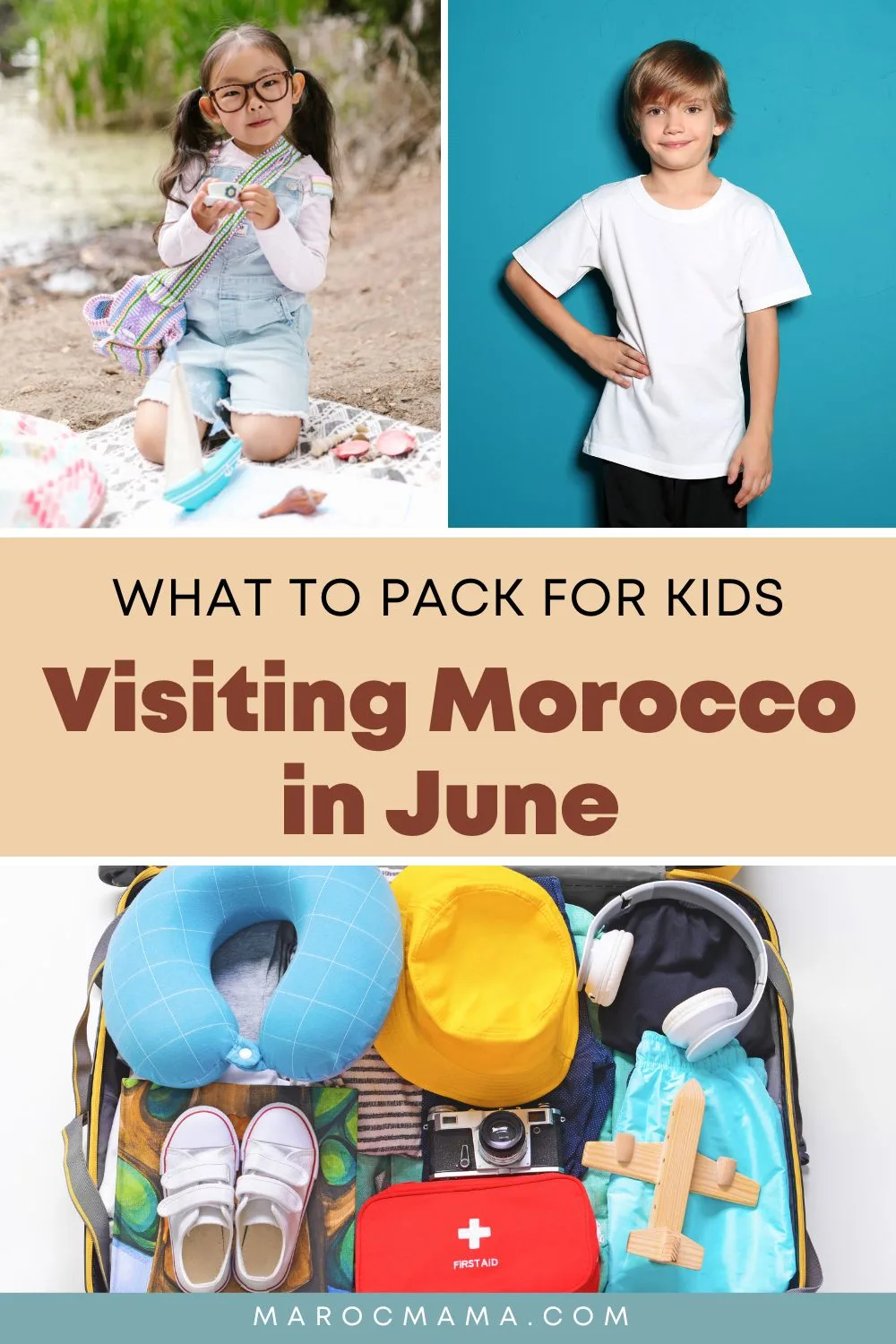 A little girl wearing overalls, a little boy wearing a white cotton shirt, and an open suitcase with children's items with the text What to Pack for Kids Visiting Morocco in June