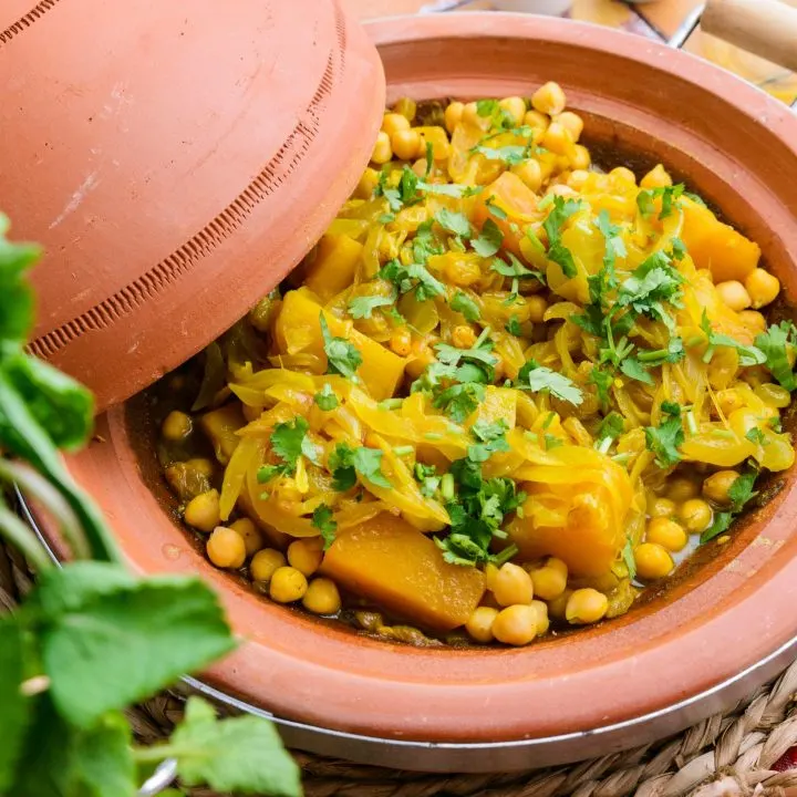 A close up shot of Moroccan pumpkin and chickpea tagine