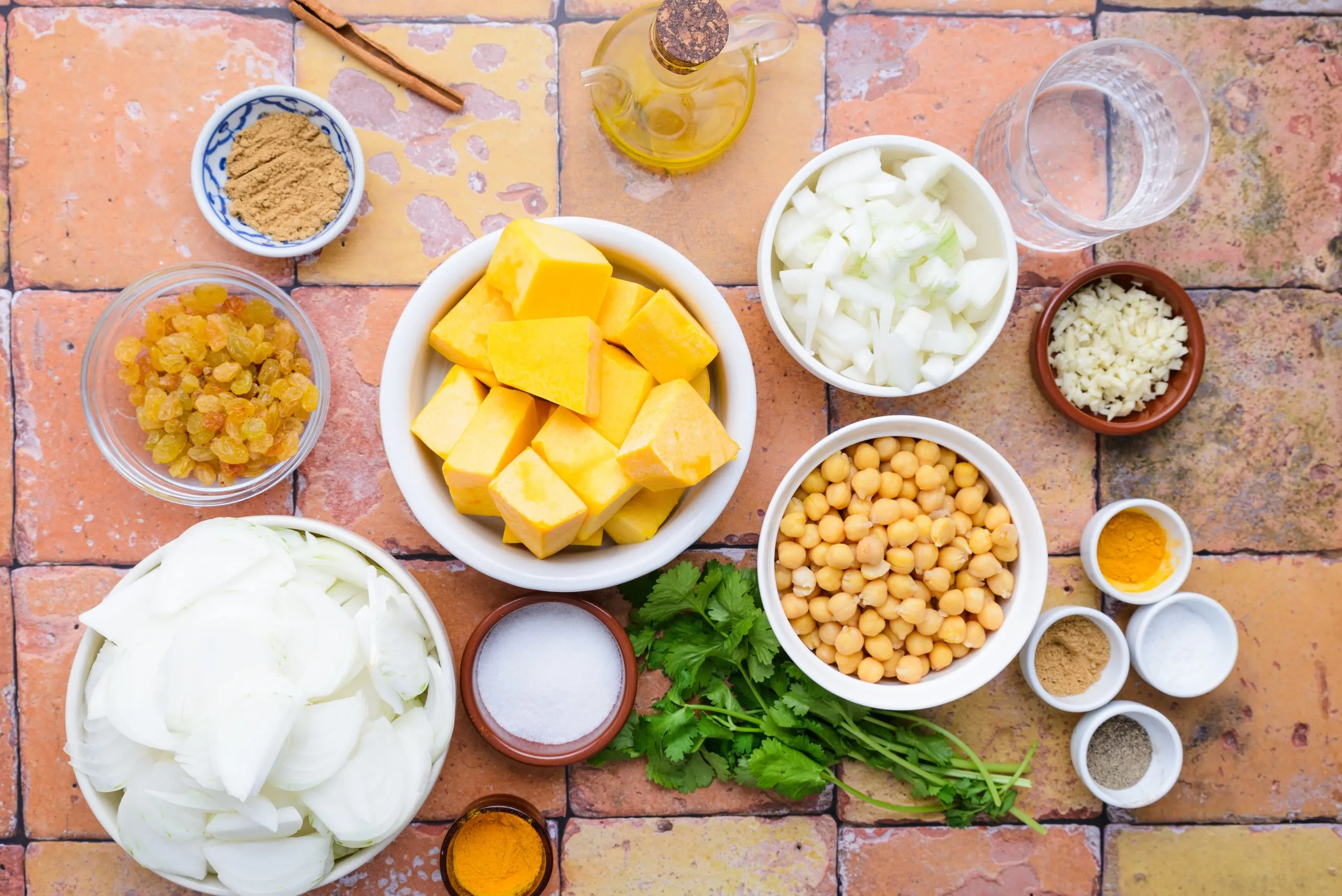 Ingredients in making Moroccan pumpkin and chickpea tagine