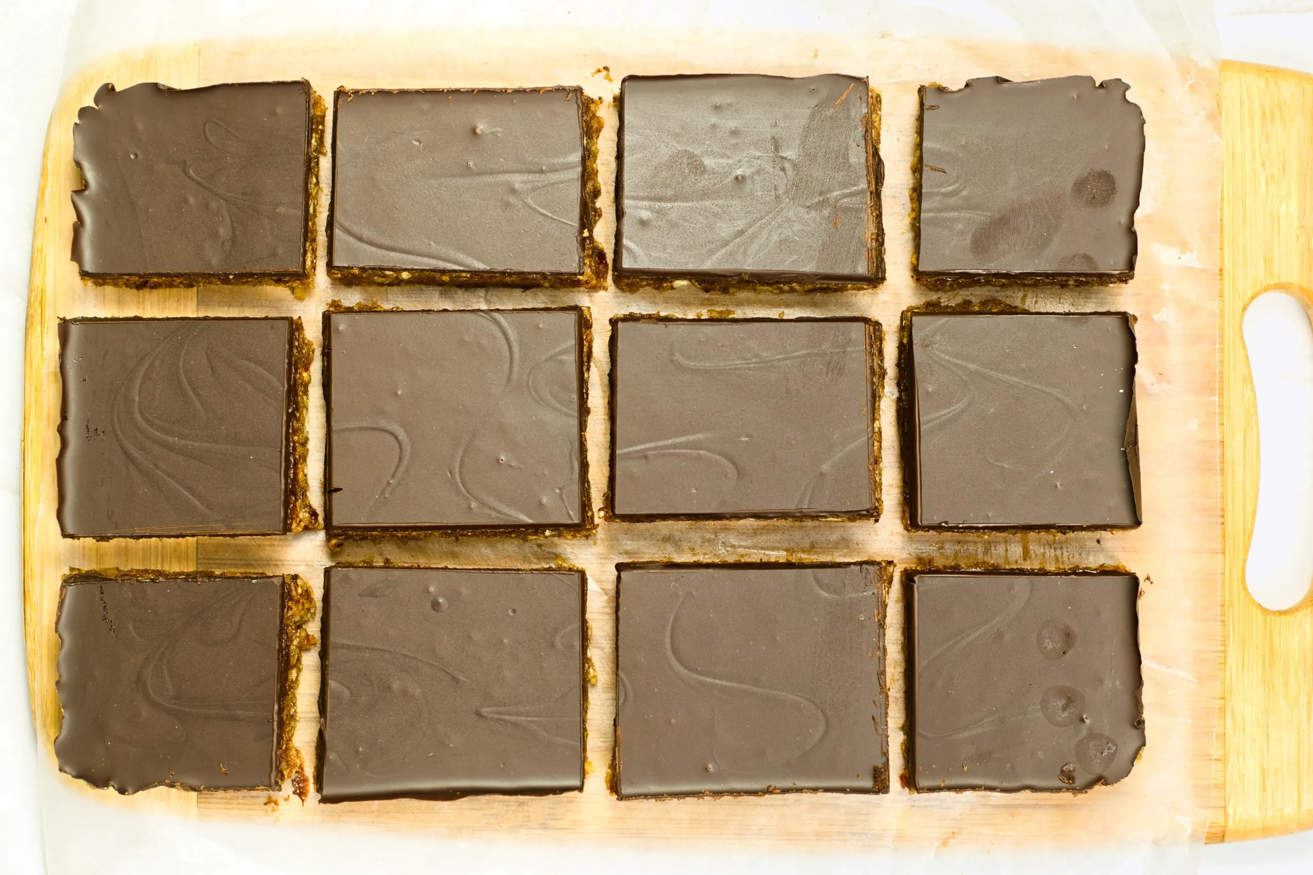 Chocolate date bars cut into rectangular pieces