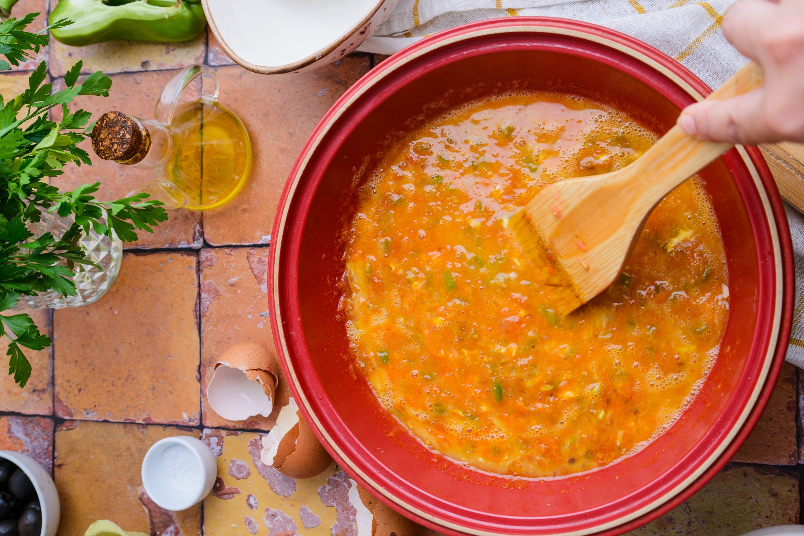 Mixing all the ingredients to make Moroccan Berber Omelette