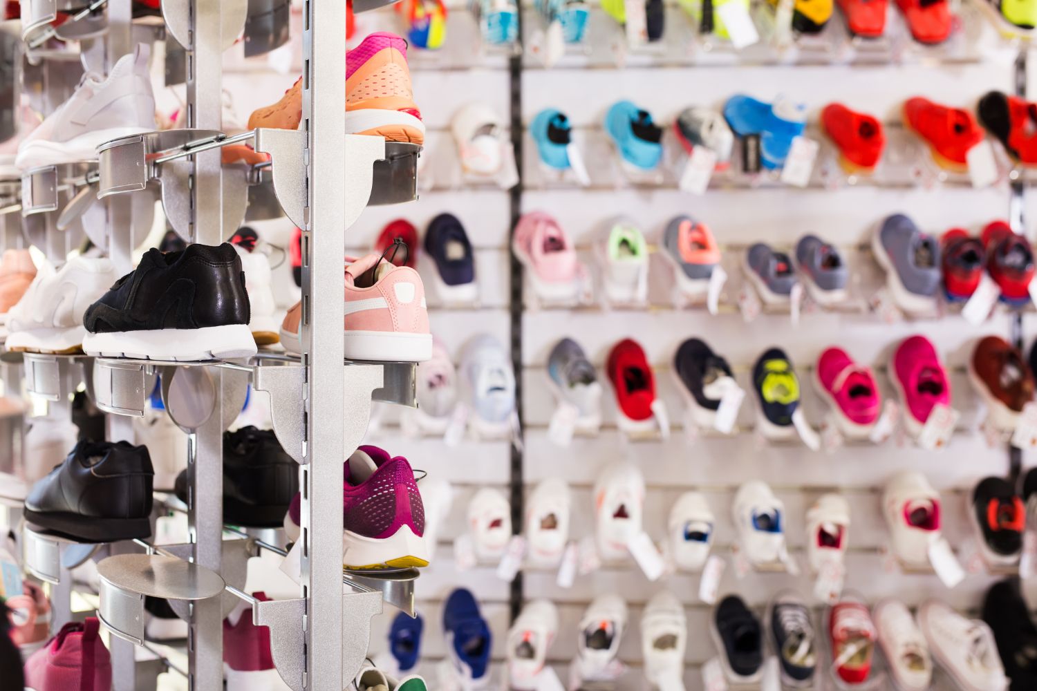 Collection of sneakers on shelves in store