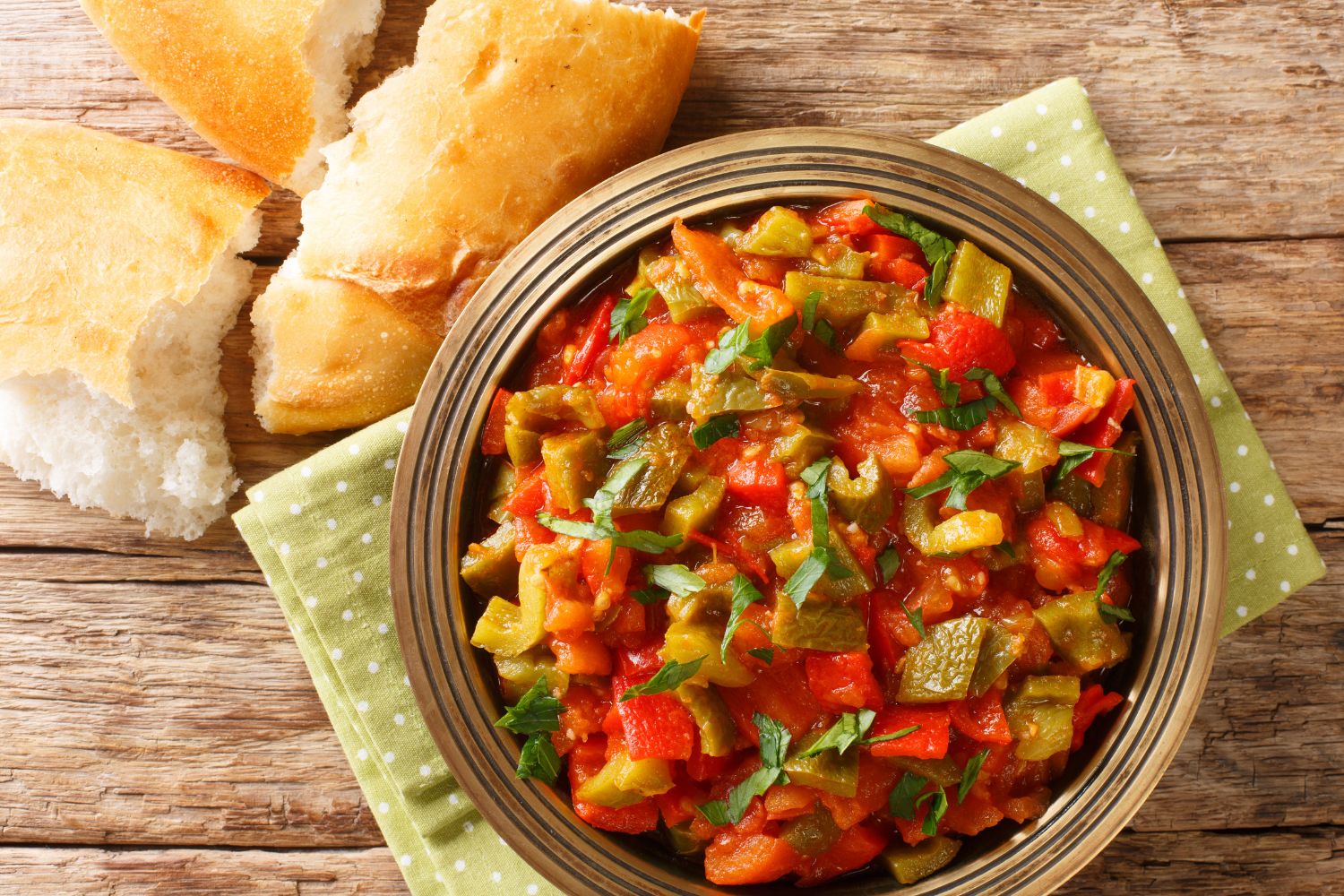 Vegetarian Moroccan Taktouka salad of pepper and tomato close-up in a plate. 